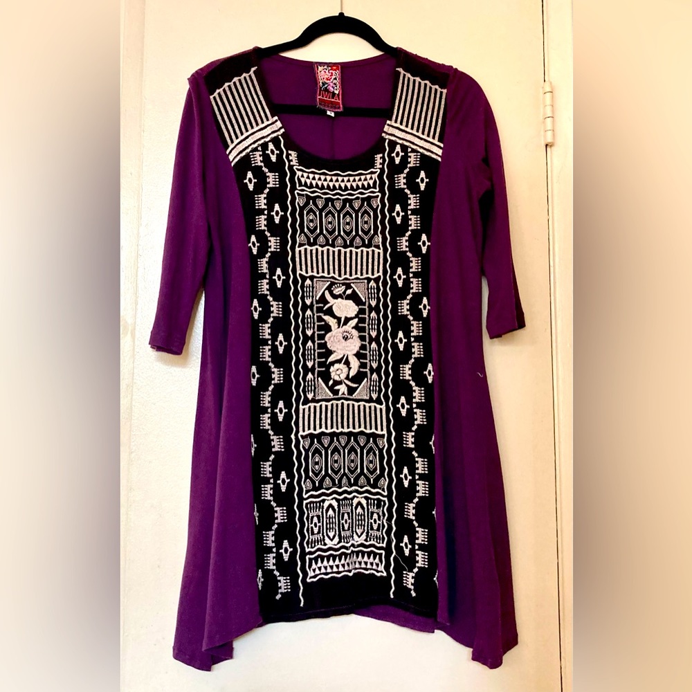 Johnny Was JWLA Purple Cotton Embroidered Tunic Dress Size S